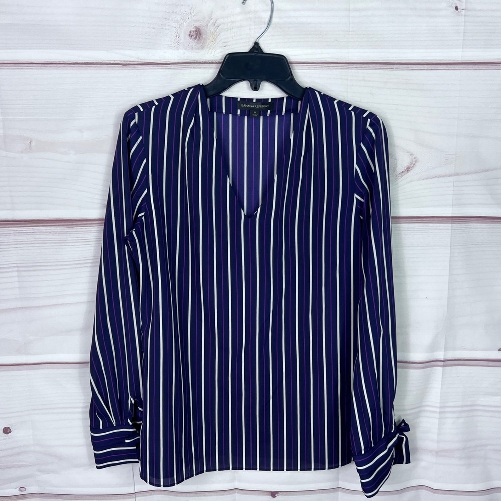 Banana Republic Top Womens S Purple Stripe Blouse V-Neck Tie Sleeve Pullover